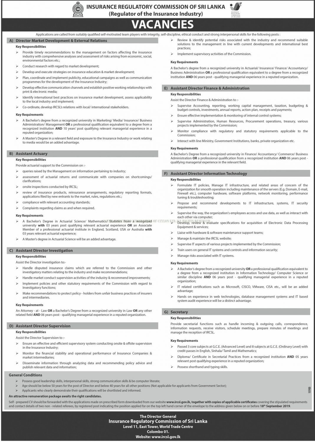 nsurance Regulatory Commission of Sri lanka job