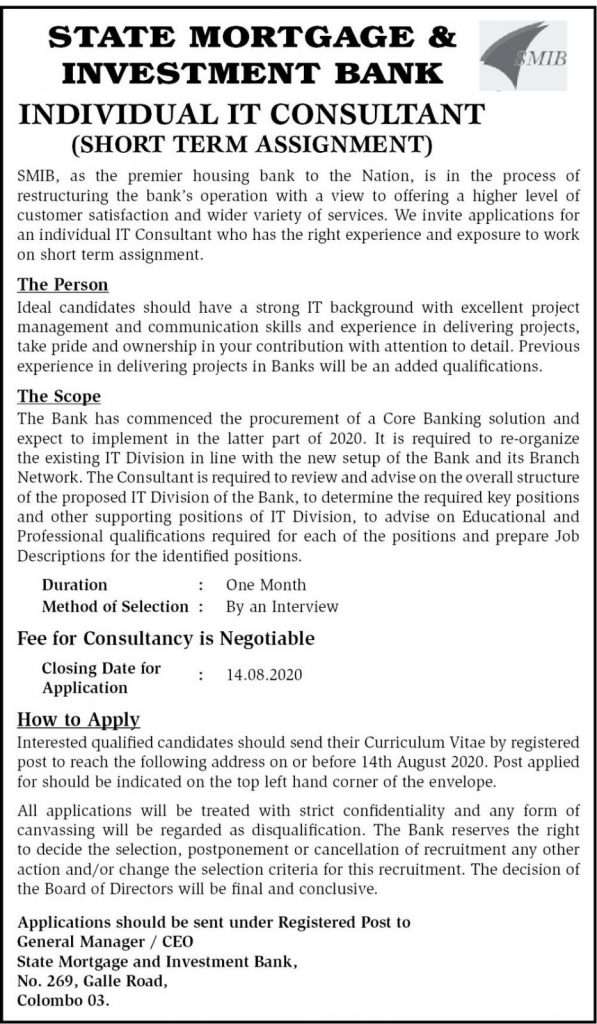Individual IT Consultant State Mortgage & Investment Bank job search